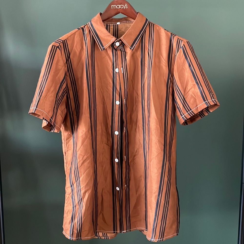 Rust Brown Striped Button Down Polyester Shirt (Size M)